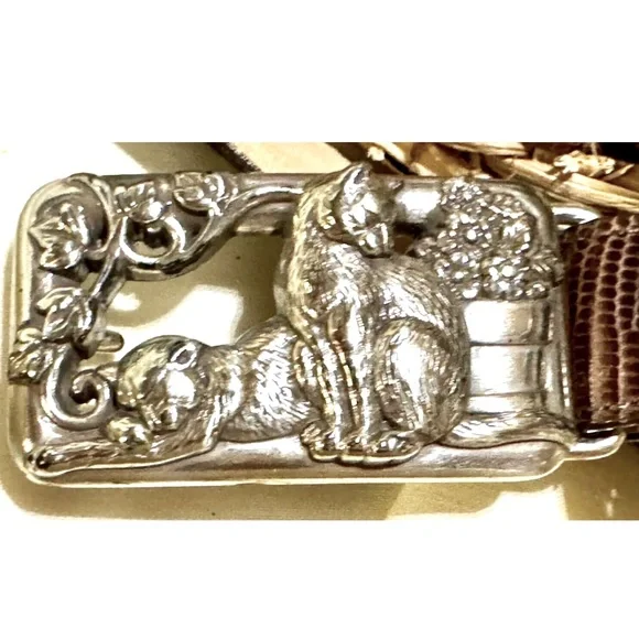 🐈⬛BRIGHTON🐈⬛ LEATHER SNAKE EMBOSSED TEXTURE CATS & FLOWERPOT BUCKLE VTG BELT🐈 - Picture 2 of 13